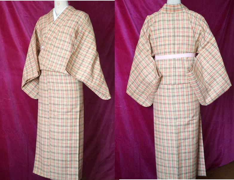 単衣】ほっこり紬の単衣着物・チェック柄・裄68cm | キモノ－着るなら