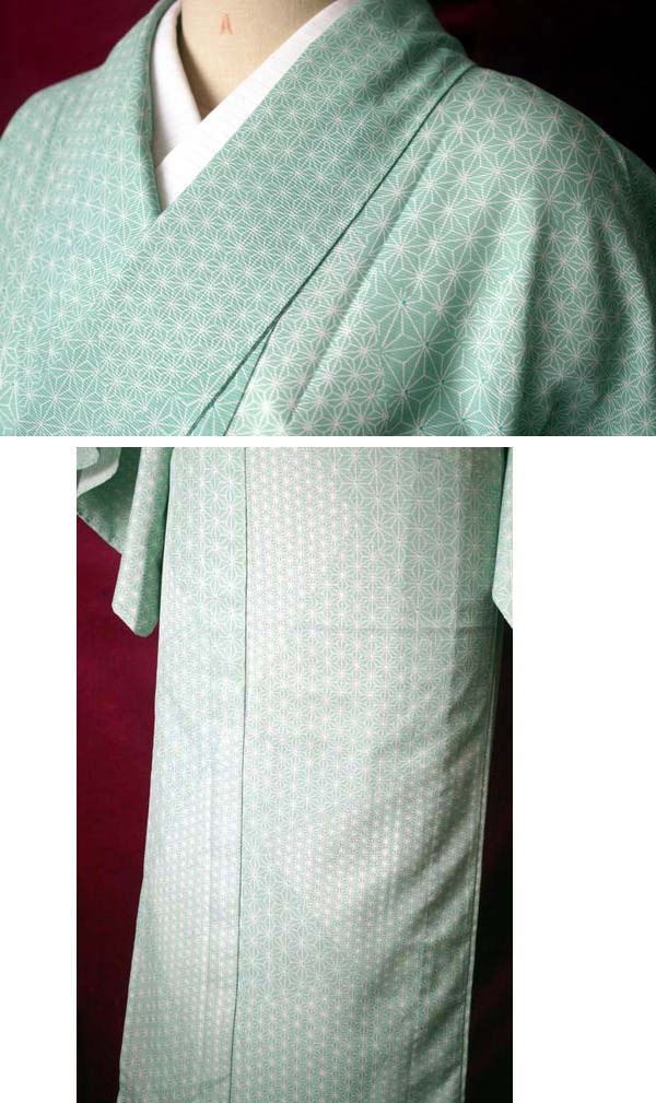 【洗える絽小紋】ミントグリーン・麻の葉・夏着物・薄物・裄64.5cm | キモノ－着るなら