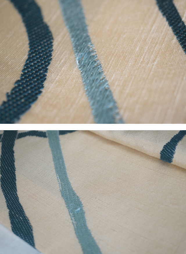 Sold Out【洒落袋帯】紬・刺繍風の織柄・かがり仕立て・生成り色/水色＆青 | キモノ－着るなら